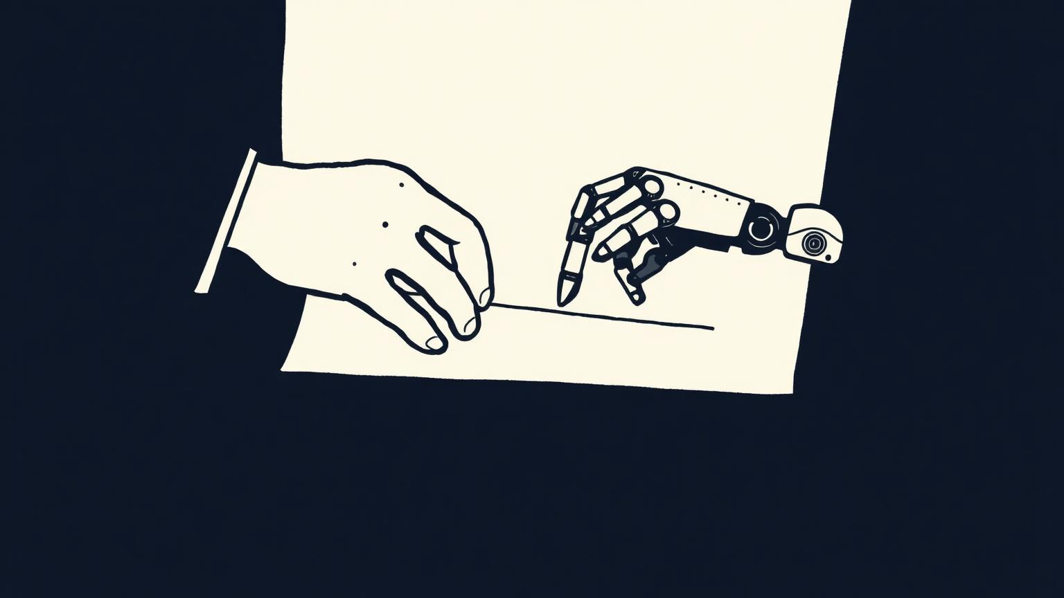 A human hand and a robotic hand meeting at a signature line on a document