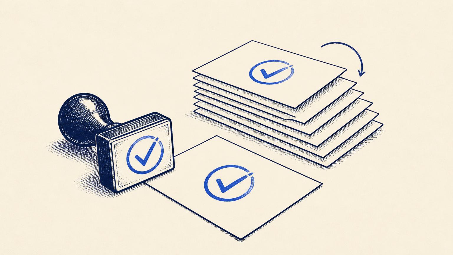 A rubber approval stamp beside a sheet of paper and a repeating stack behind it