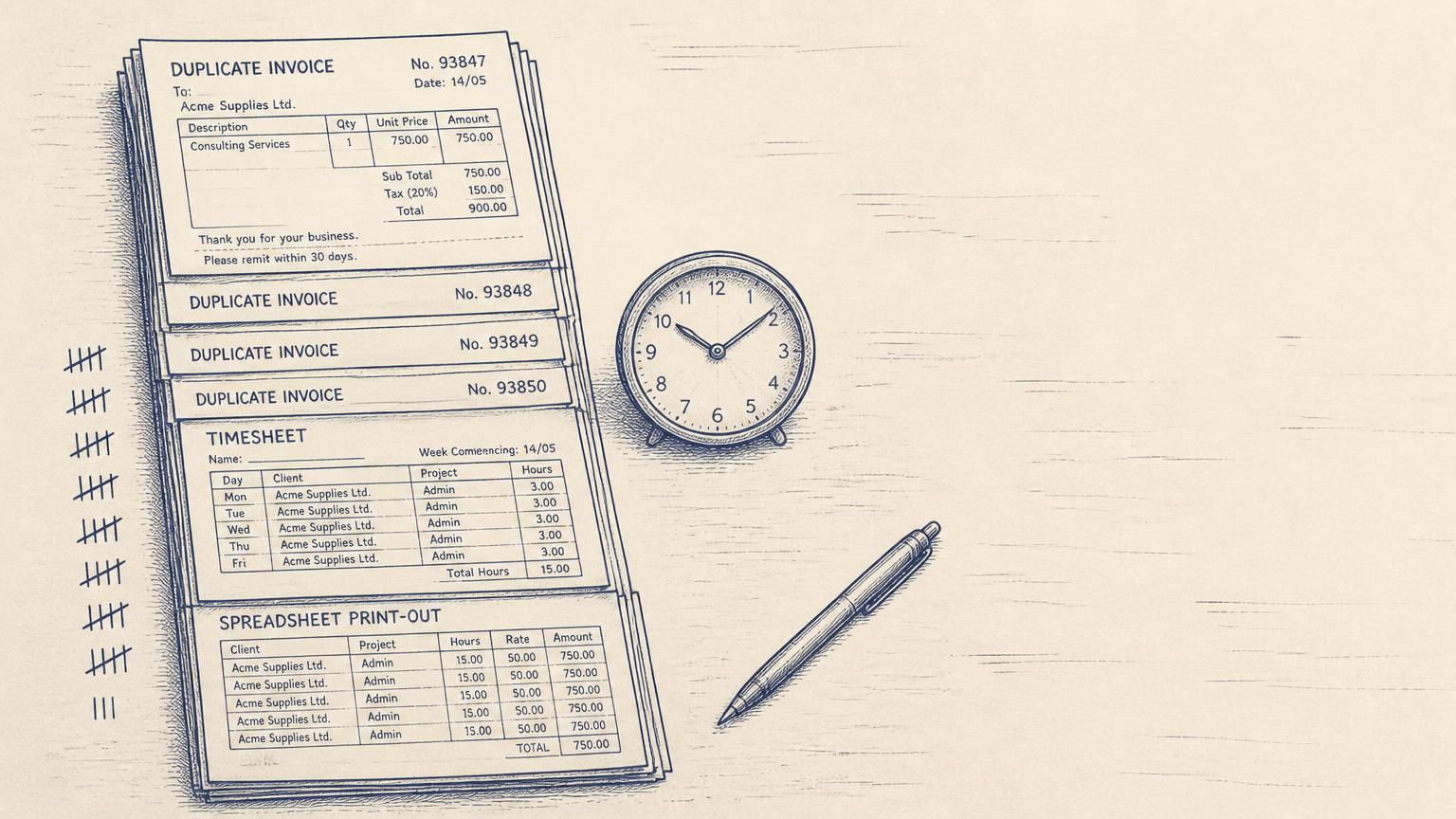 Hand-drawn navy ink illustration of a stack of duplicate invoices and a timesheet beside a clock, with tally marks counting uncounted hours
